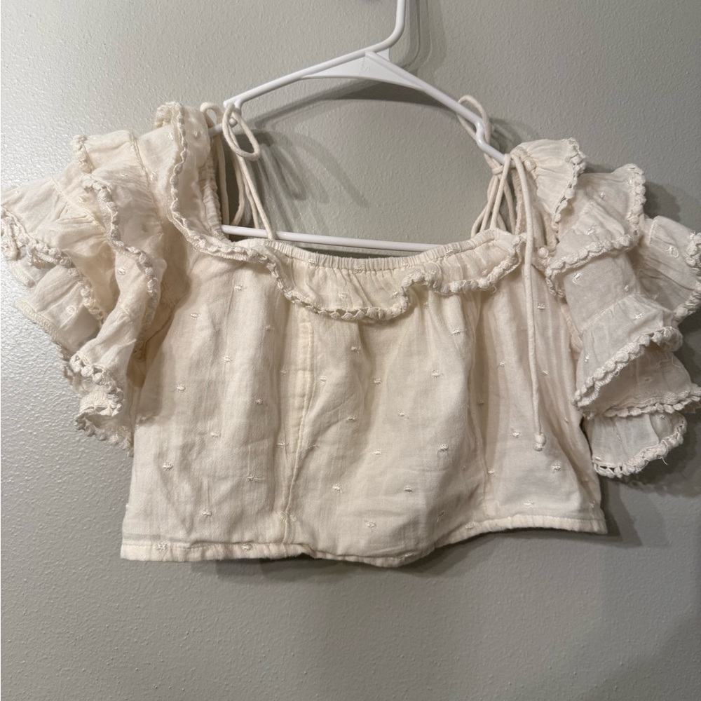 American Eagle Outfitters Cream Ruffle Boho Cropped Blouse